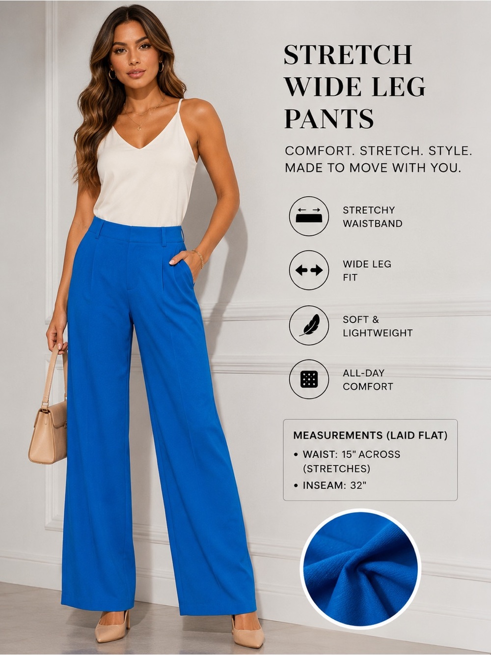 Stretch Wide Leg Pants - Electric Blue